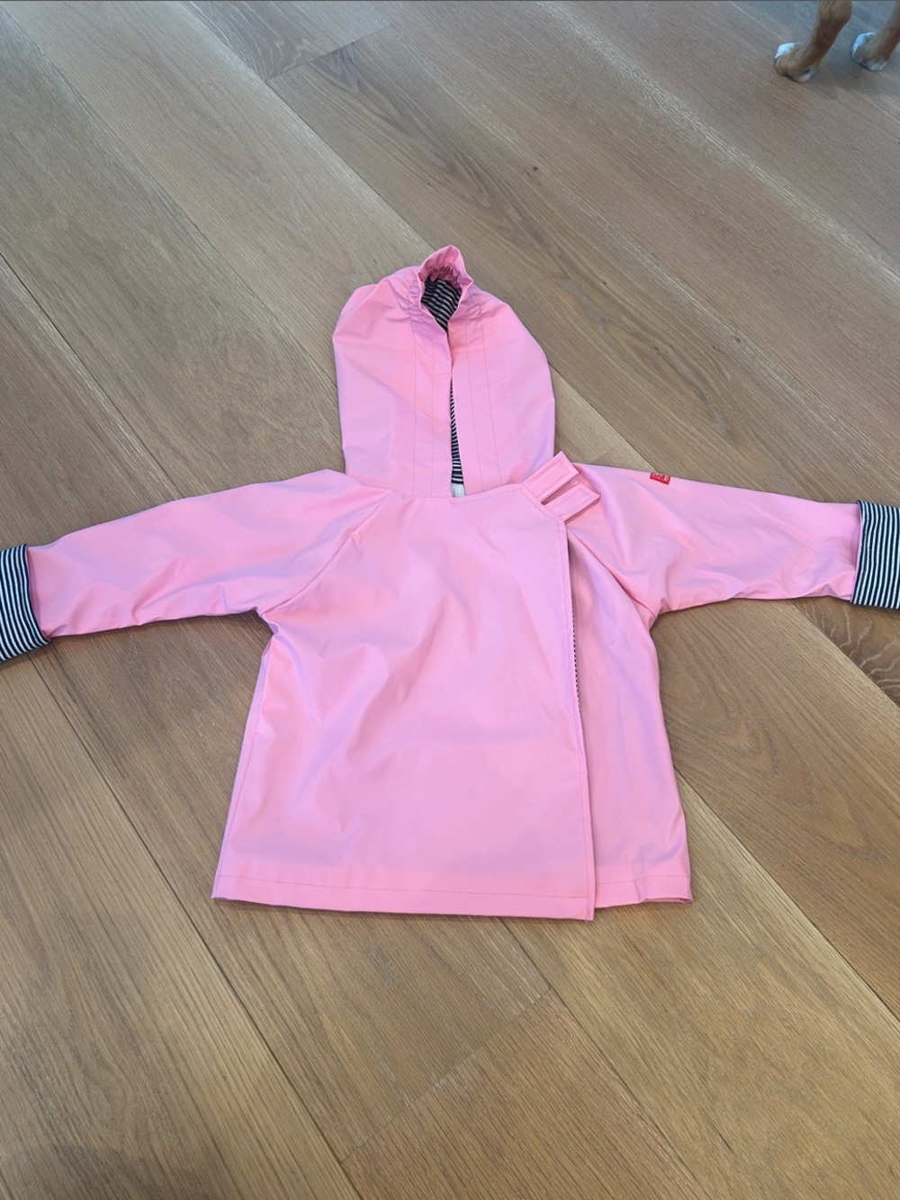 Kids Pink Hooded Rain Jacket with Striped Cuff Detail